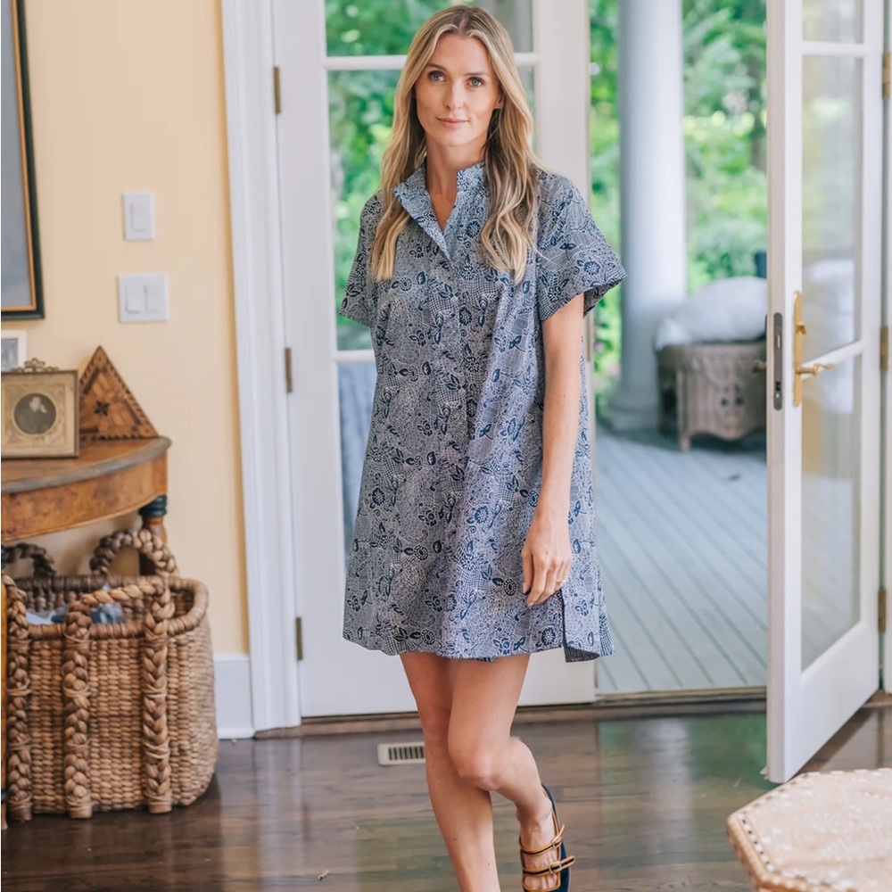 Blue Paisley Short Sleeve Shirt Dress - Women's